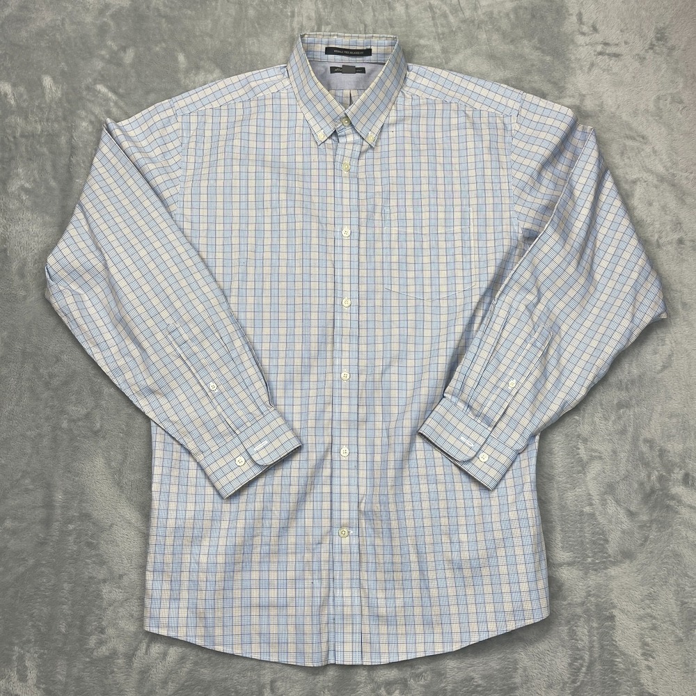 Eddie Bauer Shirt Mens L‎ Blue Beige Check Wrinkle Free Relaxed Fit Button Down